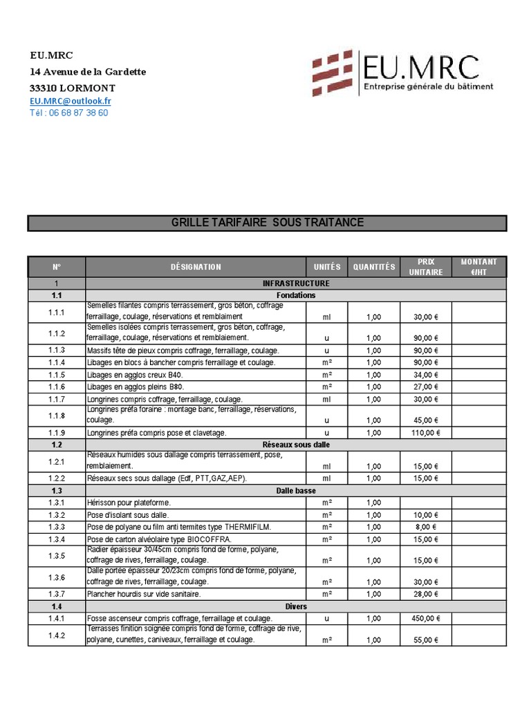 tarif sous traitance plomberie